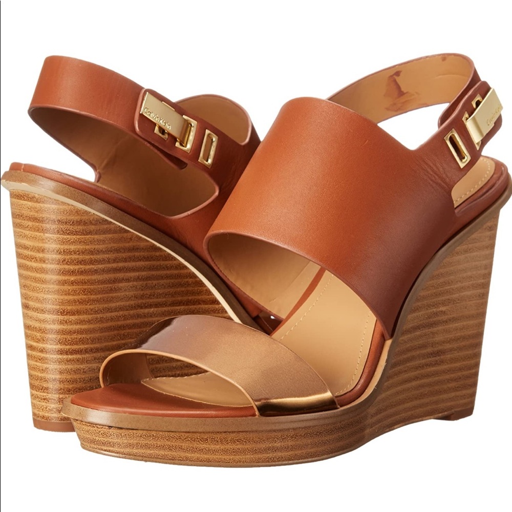 Calvin Klein Gold Brown Perdita Wedge Sandal Heels